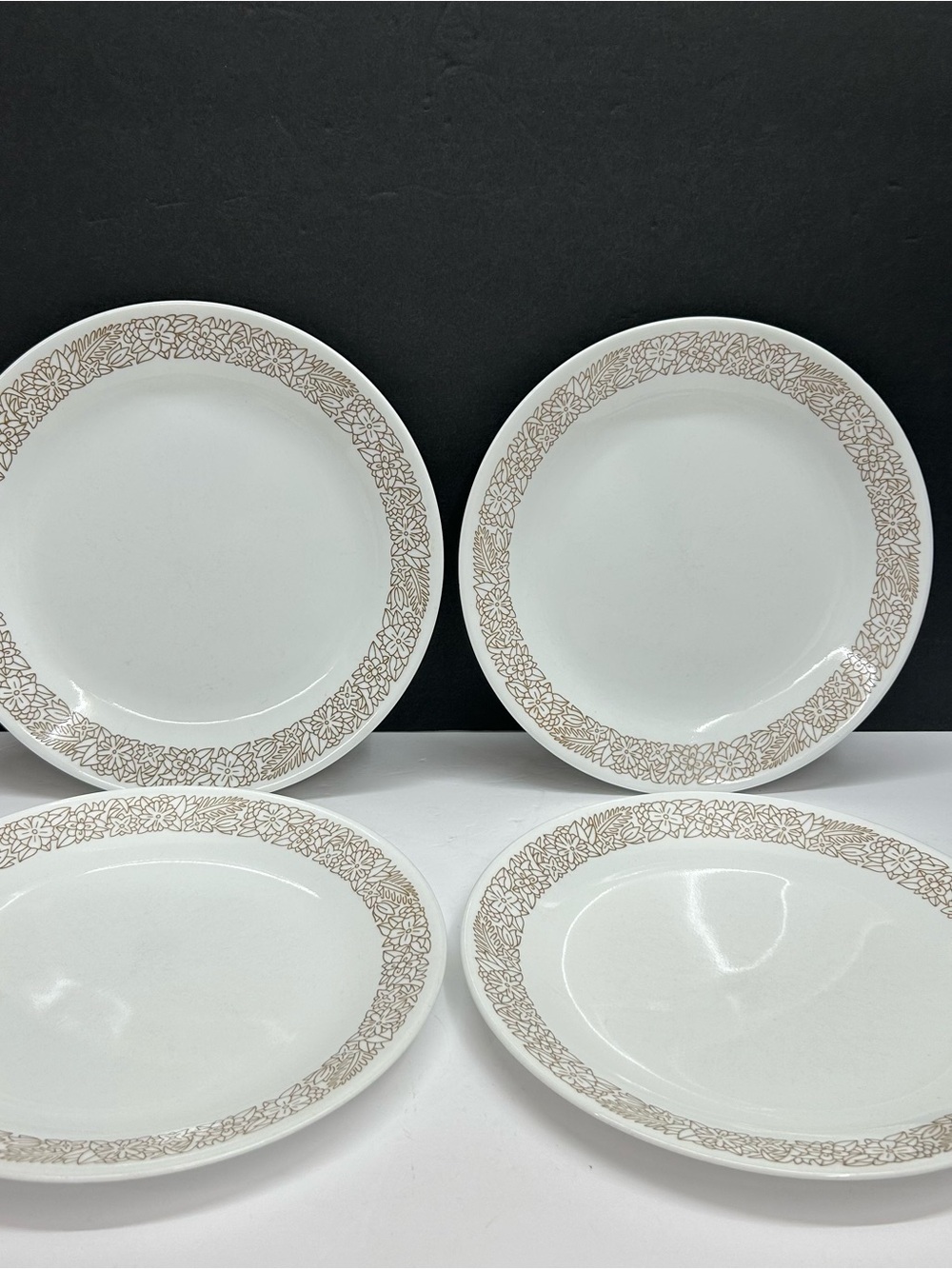 Set of 4 Corelle Woodland Brown Dinner Plates with Tan Floral Outline Rim